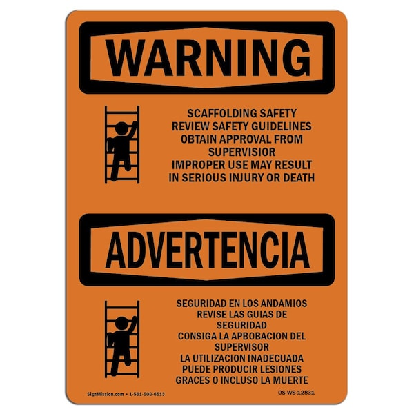OSHA WARNING Sign, Scaffolding Guidelines Bilingual, 18in X 12in Decal, 12" W, 18" L, Landscape